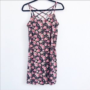 Black pink crisscross back 90’s style floral dress